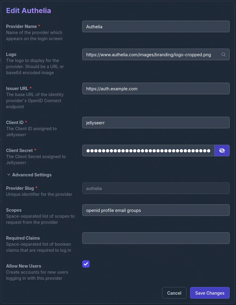 Example of provider settings