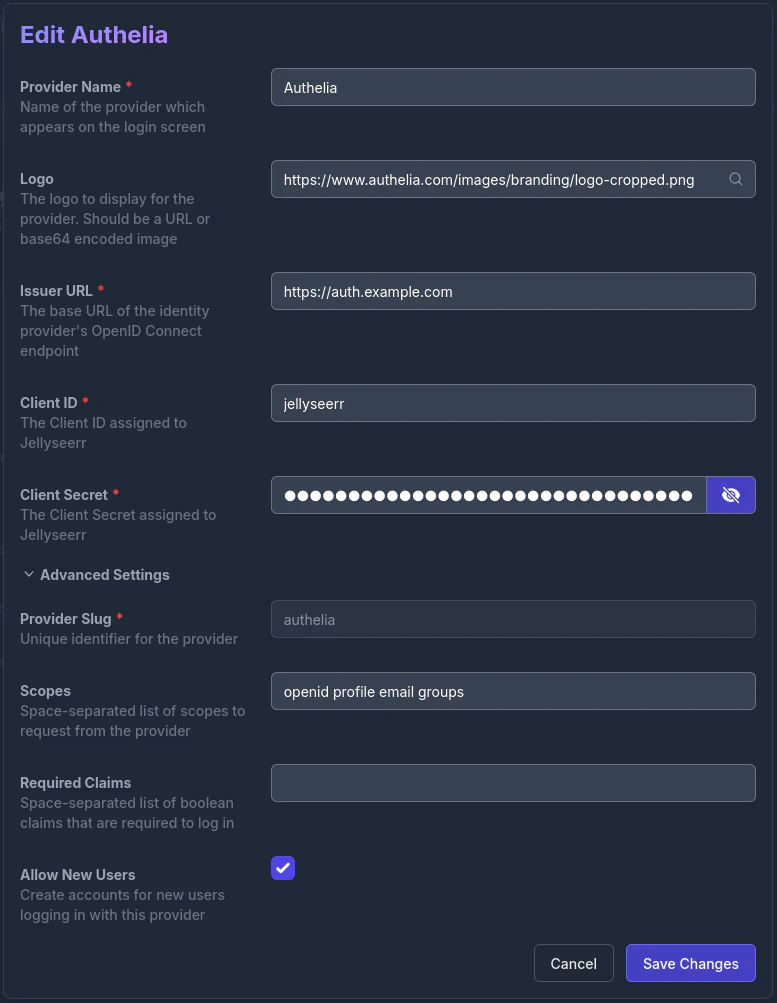 Example of provider settings