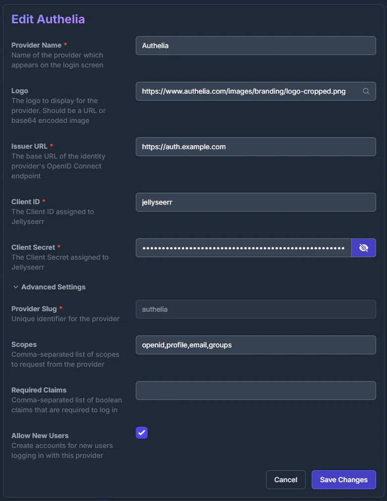 Example of provider settings